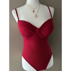 Dark red bustier ribbed strapless bodysuit